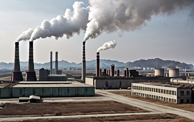 A sprawling industrial landscape in Hamhung, North Korea, featuring towering factories with smokestacks against a gray sky, showcasing Soviet-era architecture and a sense of controlled ambition.