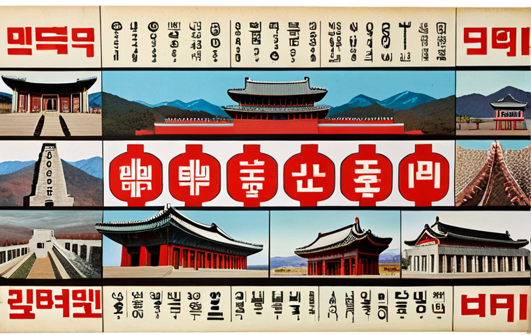**
A vibrant collage showcasing the evolution of North Korean language. Juxtapose traditional Korean script with modern, ideologically driven slogans written in a bold, stylized font. Include subtle visual references to North Korean architecture and landscapes in the background. The overall style should evoke a sense of propaganda art meets cultural heritage.
**