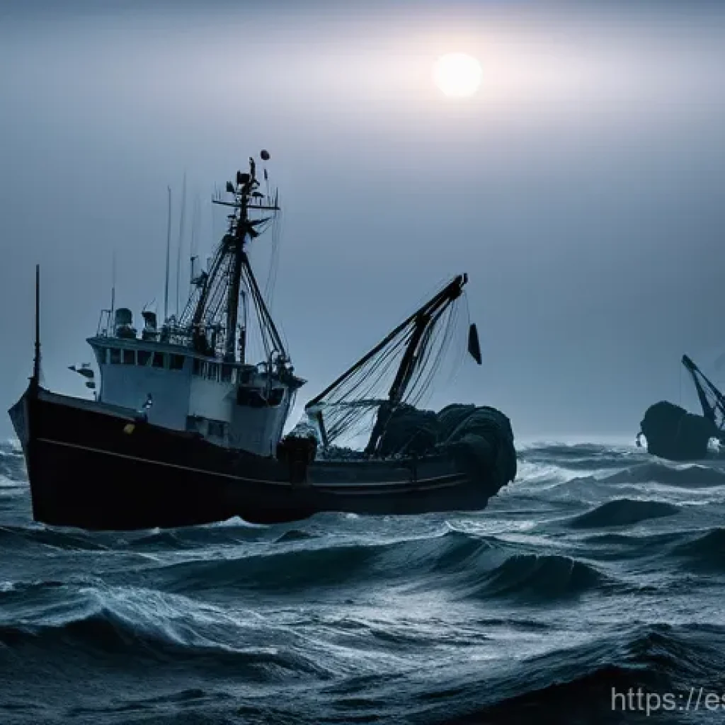 북한의 수산업   어업 방식과 어획량 - **Prompt 1: The Shadowy Harvest**
    "A vast, moody ocean scene under a twilight sky. In the mid-di...