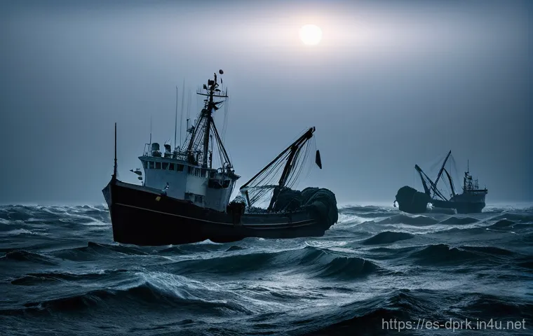북한의 수산업   어업 방식과 어획량 - **Prompt 1: The Shadowy Harvest**
    "A vast, moody ocean scene under a twilight sky. In the mid-di...