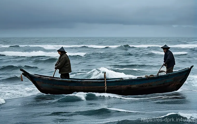 북한의 수산업   어업 방식과 어획량 - **Prompt 1: The Shadowy Harvest**
    "A vast, moody ocean scene under a twilight sky. In the mid-di...