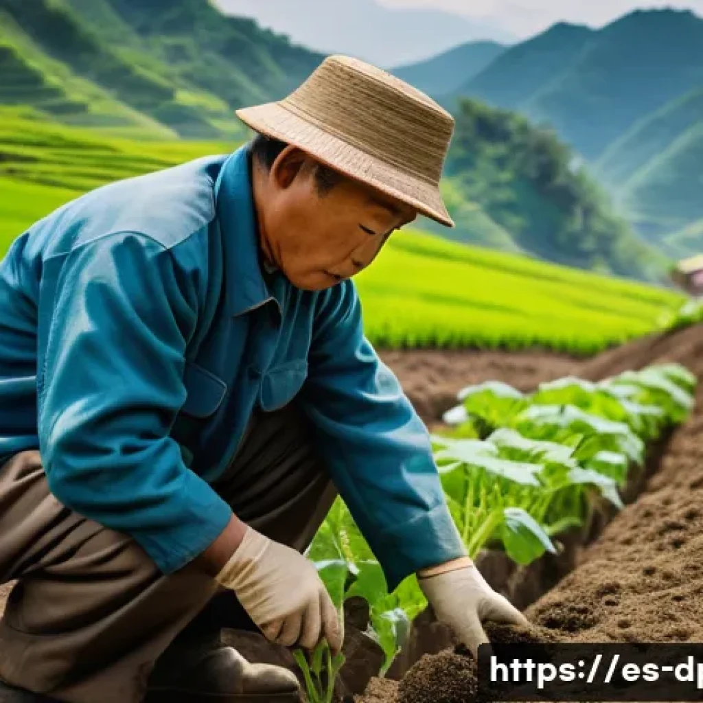 북한의 식물 연구 주요 연구 과제 - **Prompt:** A weathered but determined North Korean farmer, dressed in practical work clothes, caref...