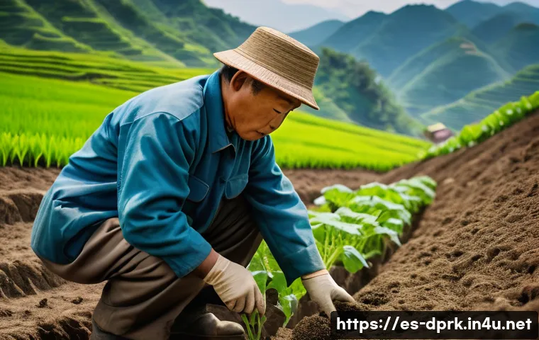 북한의 식물 연구 주요 연구 과제 - **Prompt:** A weathered but determined North Korean farmer, dressed in practical work clothes, caref...