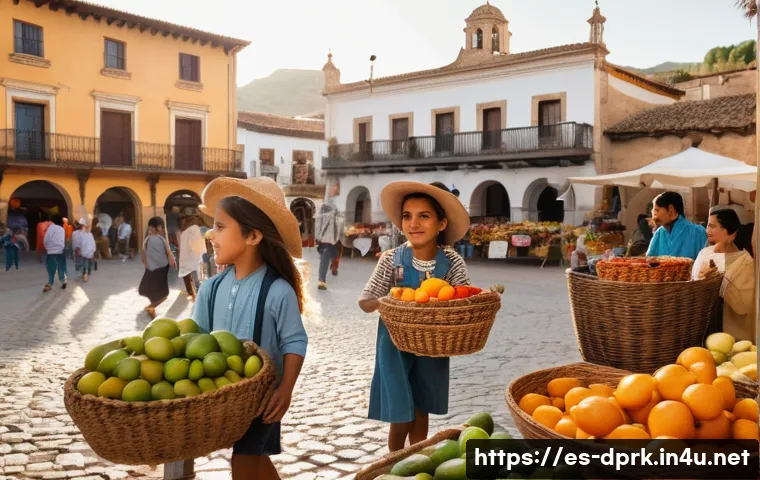 북한 여행 주의사항   국제법과 제재 - **Prompt:** A bustling, sunlit market square in a vibrant Spanish colonial town, filled with diverse...