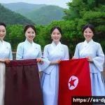북한의 전통 의상   한복의 디자인과 변화 - A group of North Korean women wearing traditional hanbok designed with modest, straight lines and su...