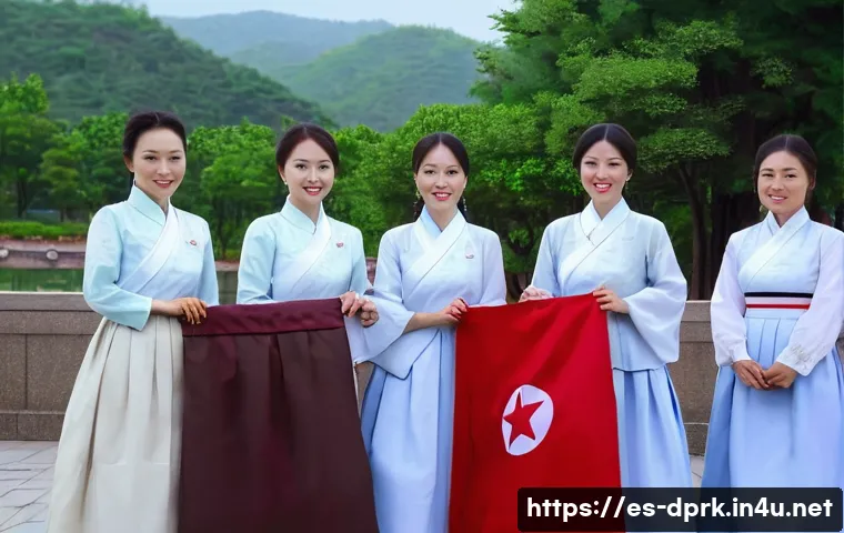 북한의 전통 의상   한복의 디자인과 변화 - A group of North Korean women wearing traditional hanbok designed with modest, straight lines and su...