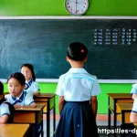 북한의 교육제도   학교 체계와 교육 방식 - A detailed classroom scene in a North Korean primary school, showing young children wearing modest s...