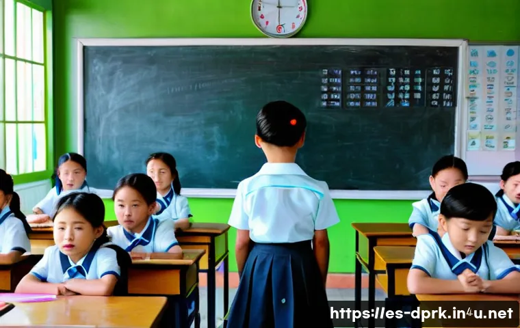 북한의 교육제도   학교 체계와 교육 방식 - A detailed classroom scene in a North Korean primary school, showing young children wearing modest s...