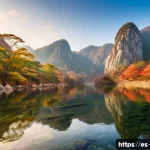 조선민주주의인민공화국 관광지   금강산 등산정보 - A breathtaking panoramic view of the Kumgang Mountain during autumn, featuring rocky peaks partially...