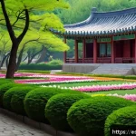 평양 관광 필수코스   만경대와 개선문 - A serene scene of Mangyongdae&rsquo;s historic gardens in Pyongyang during spring, showcasing traditional ...