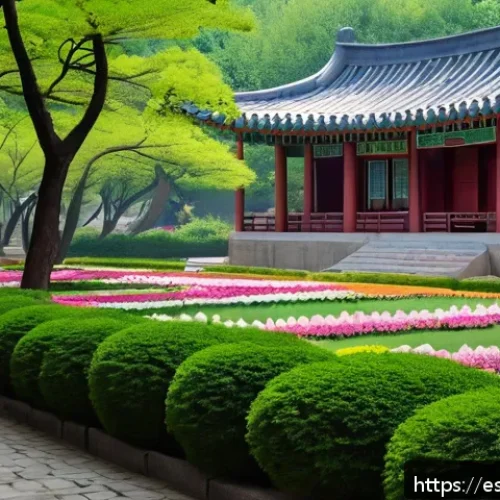 평양 관광 필수코스   만경대와 개선문 - A serene scene of Mangyongdae&rsquo;s historic gardens in Pyongyang during spring, showcasing traditional ...