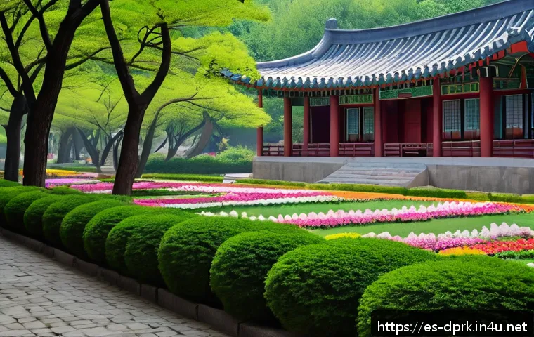 평양 관광 필수코스   만경대와 개선문 - A serene scene of Mangyongdae&rsquo;s historic gardens in Pyongyang during spring, showcasing traditional ...