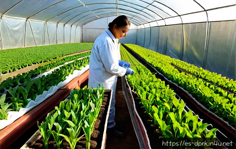 북한의 종자 기술   농업 생산 증대 - Photorealistic agricultural research greenhouse in rural central Mexico, an agronomist and local far...