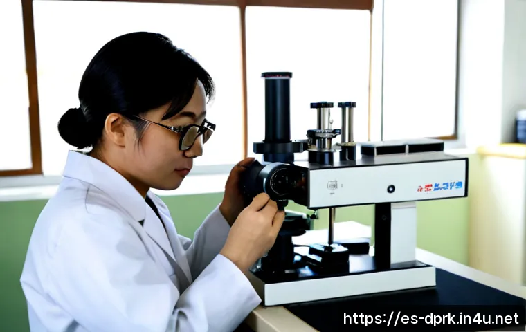 Home 17 북한의 과학자 주요 연구 성과 - Photorealistic North Korean research scientist in a modest high-precision physics laboratory, wearin...