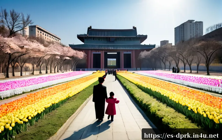 북한의 축제   태양절과 설날 행사 - Photorealistic wide-angle spring festival scene in Pyongyang, North Korea, families in modest formal...