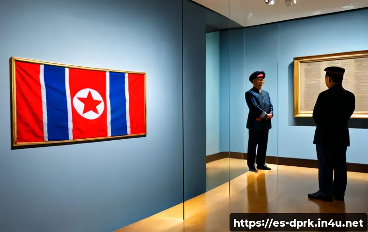 Home 17 북한의 국기와 국장 상징과 역사 - Photorealistic historical museum display in Madrid, a North Korean flag with red, white, and blue ba...